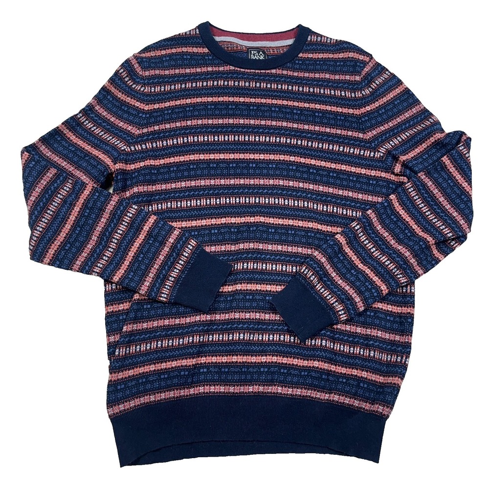 Jos A Bank Sweater Men XL Blue Red Crewneck Nordic Grandpa Cotton Traveler Knit